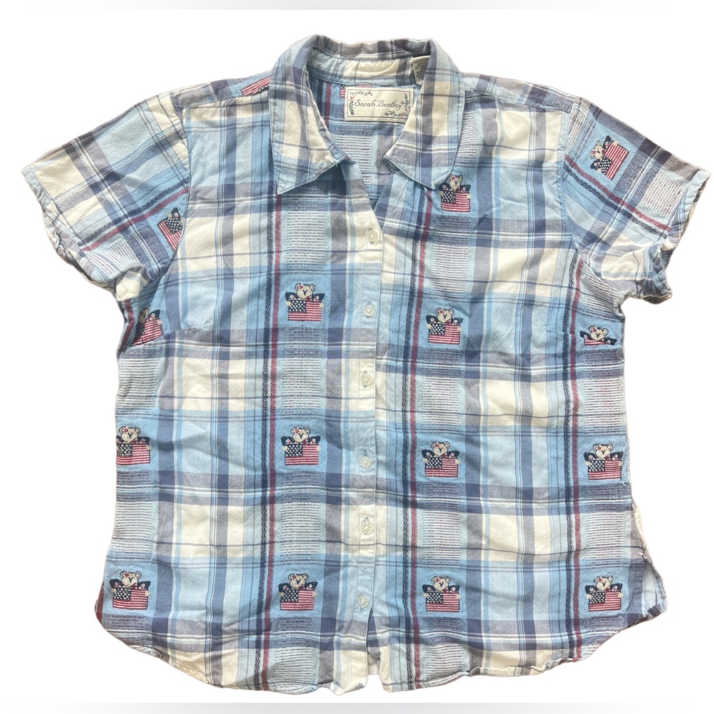 Sarah Bentley Shirt American Flag Bear July 4th Button Up‎ Women’s Size XL Blue